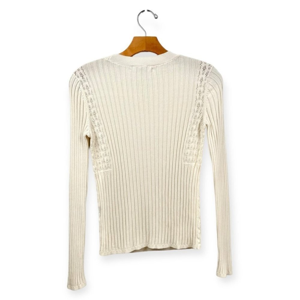 Club Monaco Cream Pointelle and Ribbed Knit Long Sleeve Light Gauge Sweater XS - Picture 3 of 6
